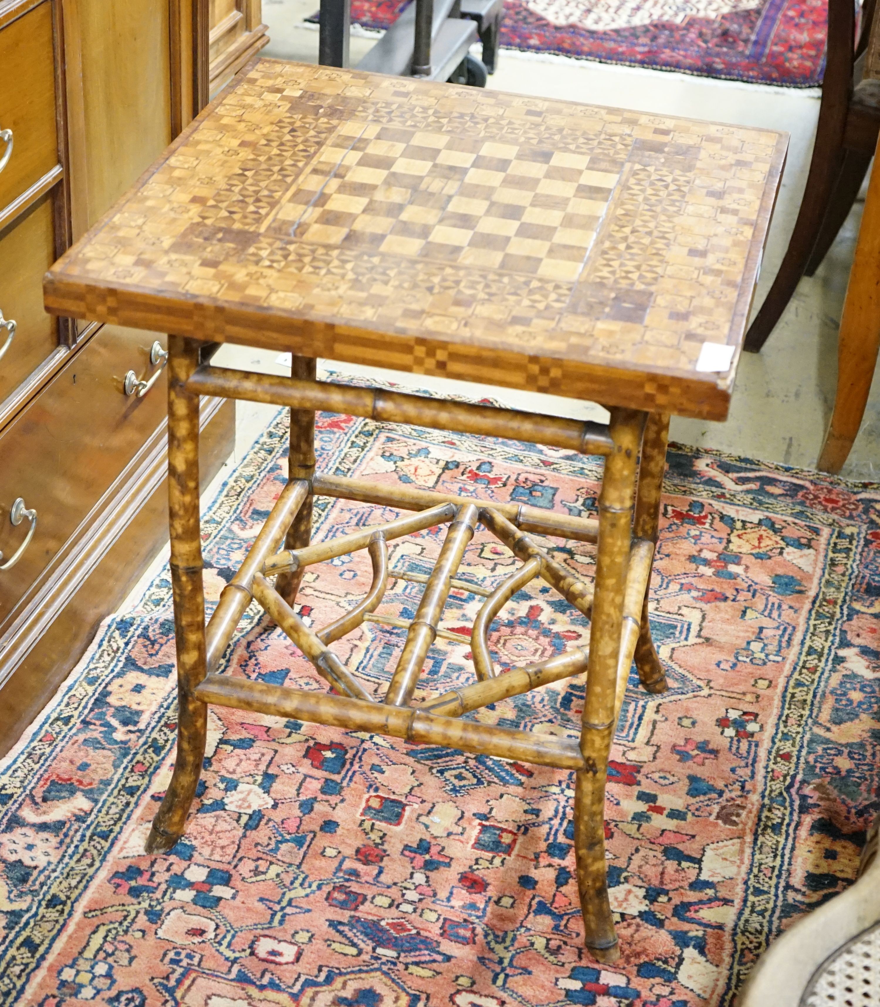 A Victorian bamboo parquetry topped games table, width 59cm, depth 59cm, height 69cm